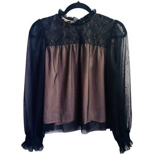 Oliver.O Black and Pink Ruffled Bib Collar Blouse Large black and cream new